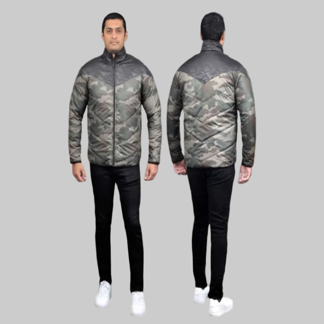 Men's camo puffer jacket close-up showing waterproof zipper and 200 GSM insulation