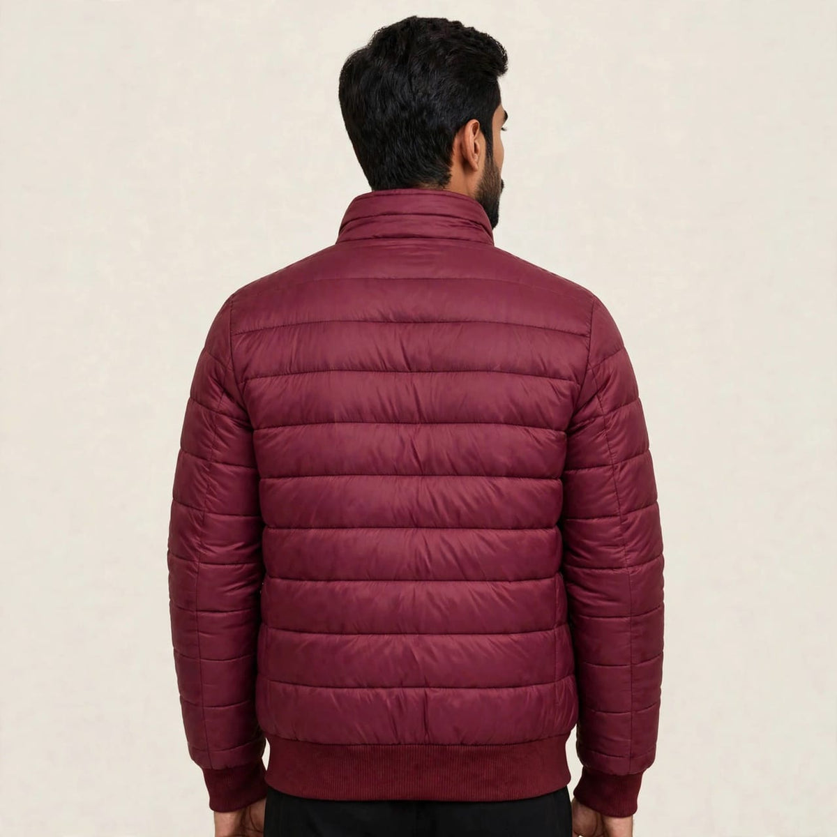 Men's Maroon Puffer Jacket Stand Collar | Thermal Insulation