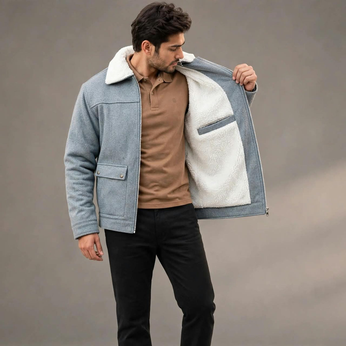 Men’s Sky Blue Wool Winter Jacket | Plush Lined, 5 Pockets