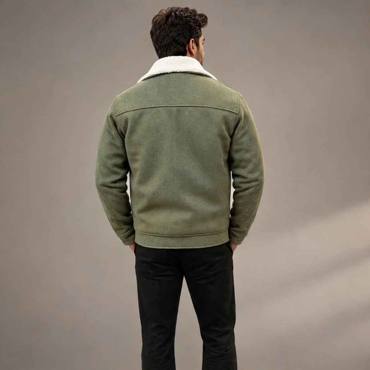 Men’s Olive Green Wool Winter Jacket | Plush Lined, 5 Pockets