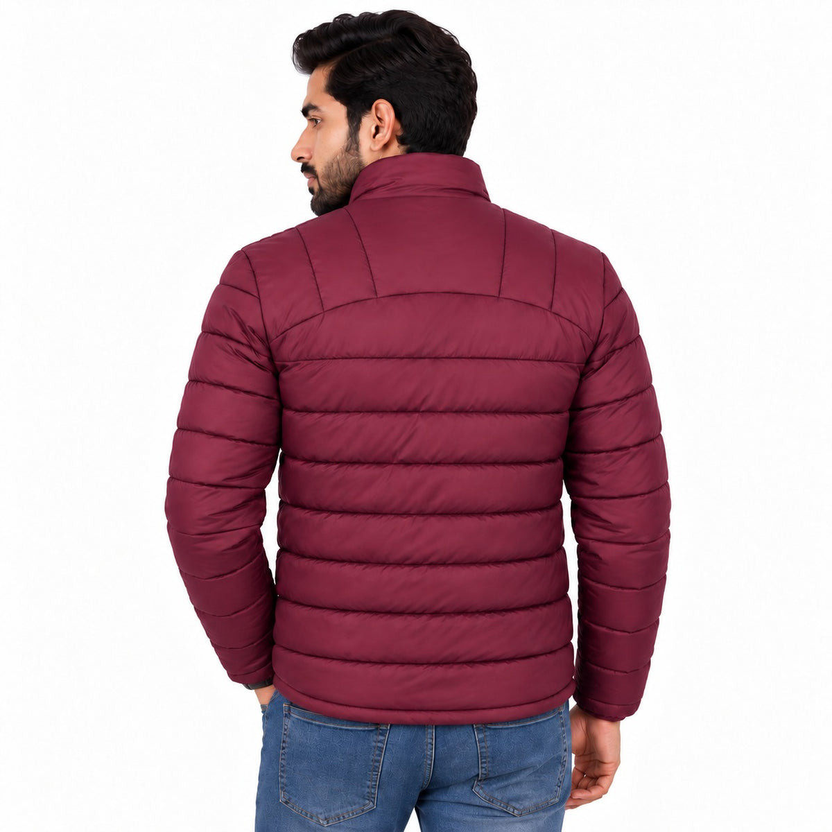 Mahroon fine-lined grid pattern Puffer Jacket