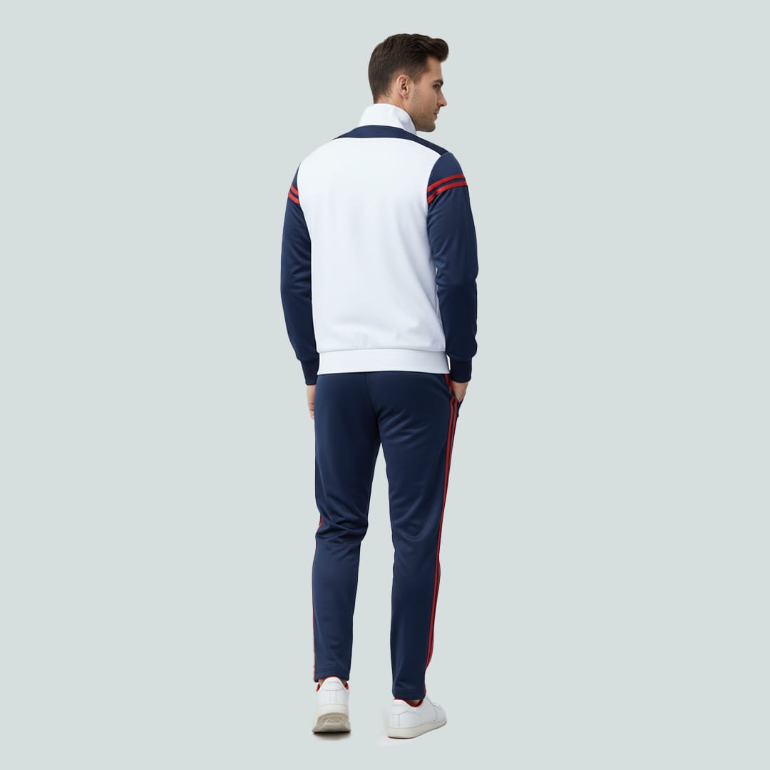 white and navy men's athletic tracksuit