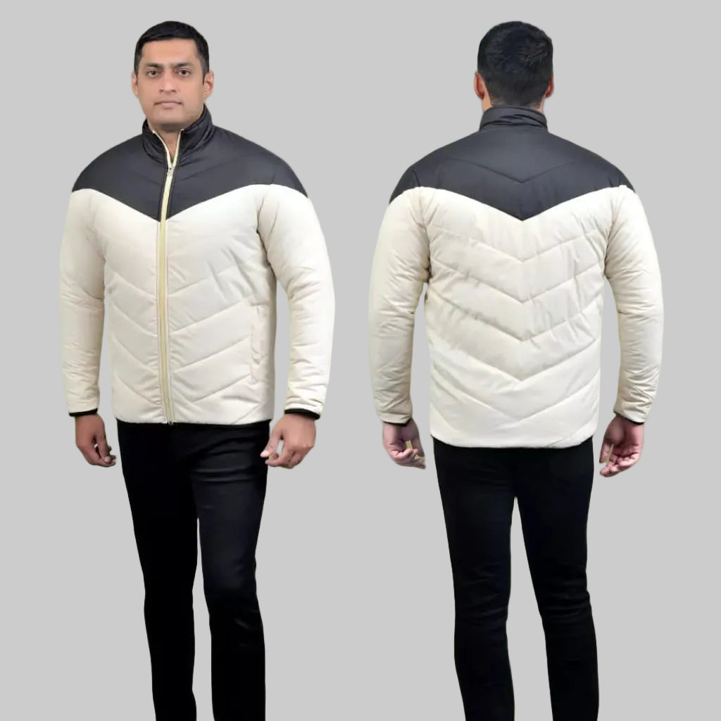 two-tone quilted jacket with black and white colors.