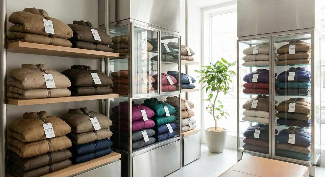 Neatly folded and clean mens puffer jackets on display shelves at Khambra Sports