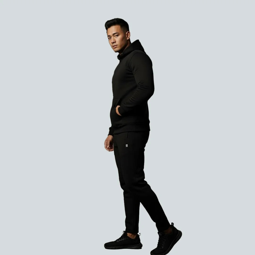 Men's Black Fleece Tracksuit with Cape Hoodie 