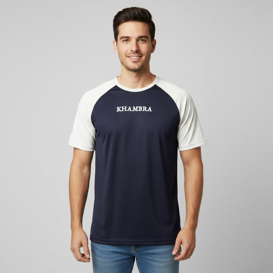 Men wearing a navy and white t-shirt with 'Khambra' logo on a gray background