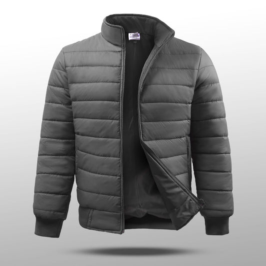 Men's Grey Quilted Puffer Jacket with Stand Collar - Winter Fashion Pakistan