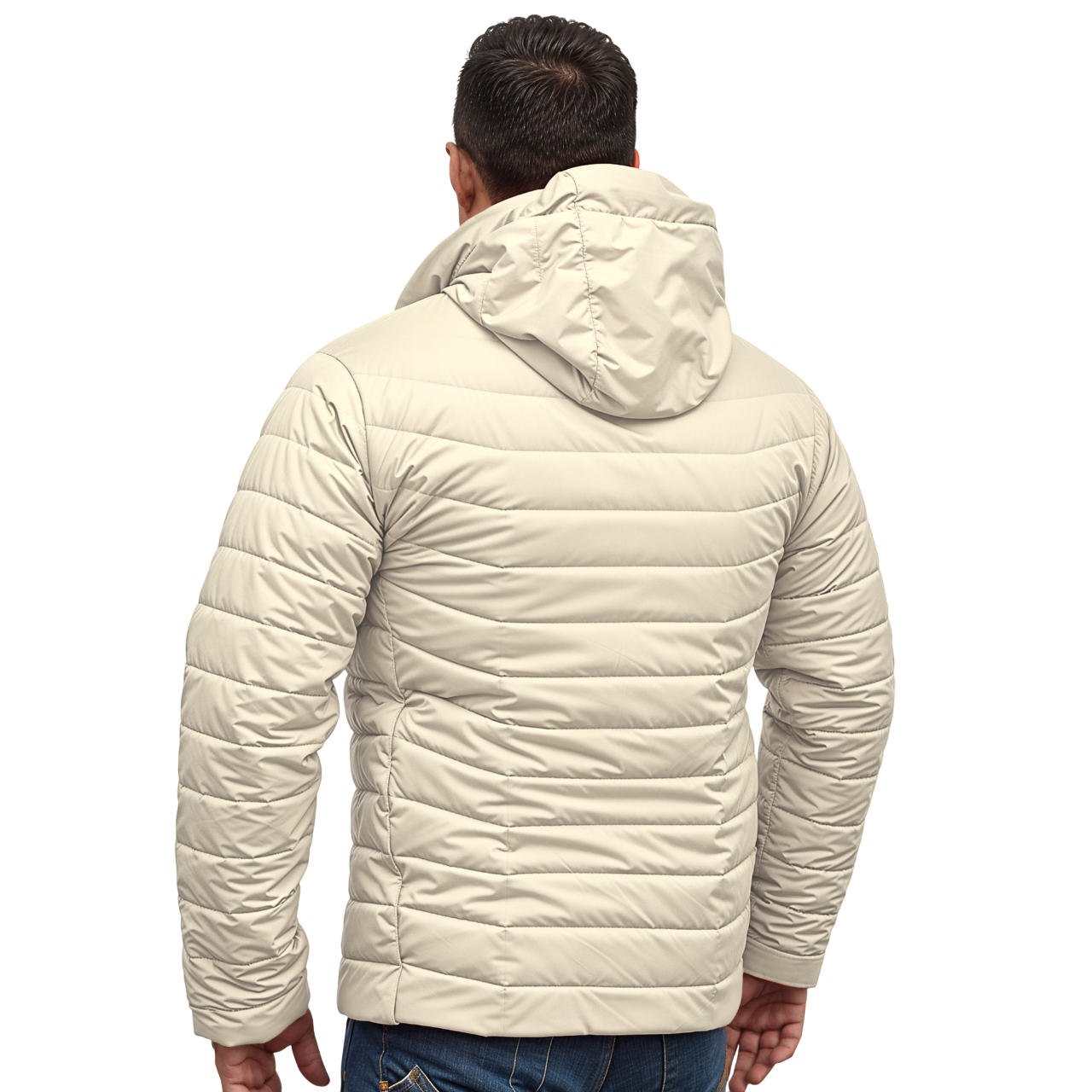 Back view of off white hooded winter jacket for men with smart fit quilting