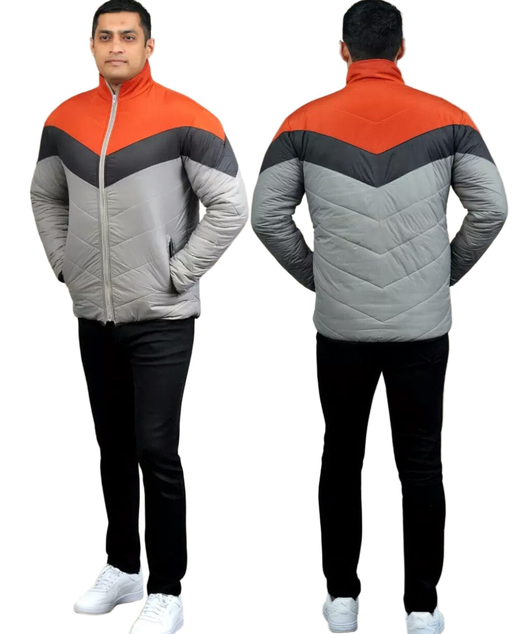  Men's Tricolor Chevron Puffer Jacket - Rust Orange and Grey V-Shape Winter Upper
