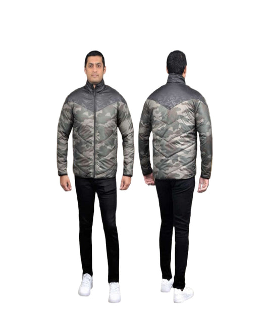 Men's camo puffer jacket close-up showing waterproof zipper and 200 GSM insulation