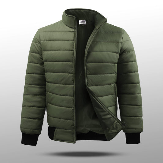 Men's Olive Green Puffer Jacket - Black Ribbed Cuffs