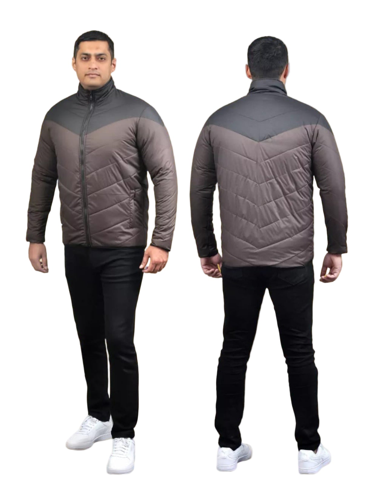 Man wearing a two-tone quilted jacket, front and back views, on a white background.
