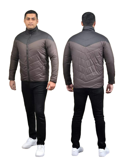 Man wearing a two-tone quilted jacket, front and back views, on a white background.