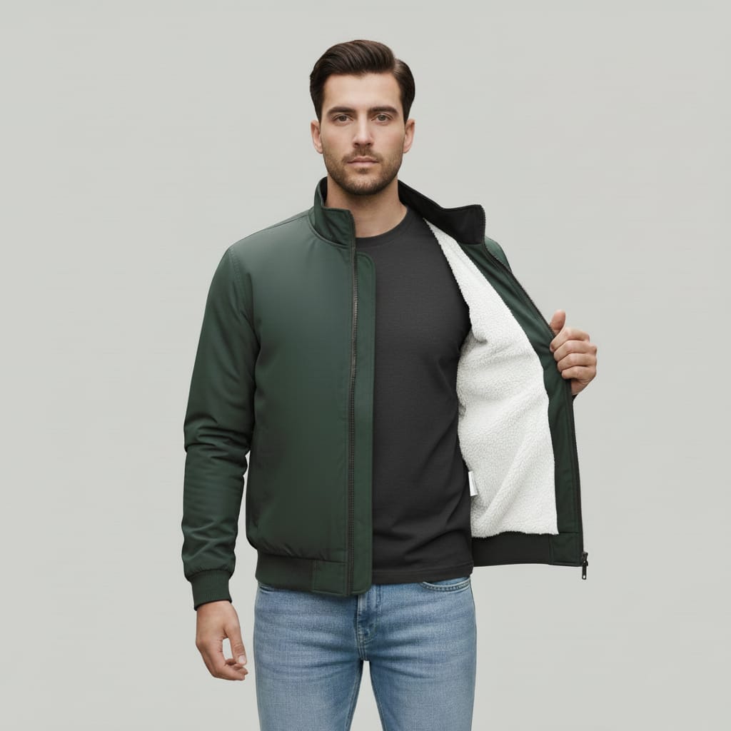 Men's Olive Sherpa Lined Bomber Jacket