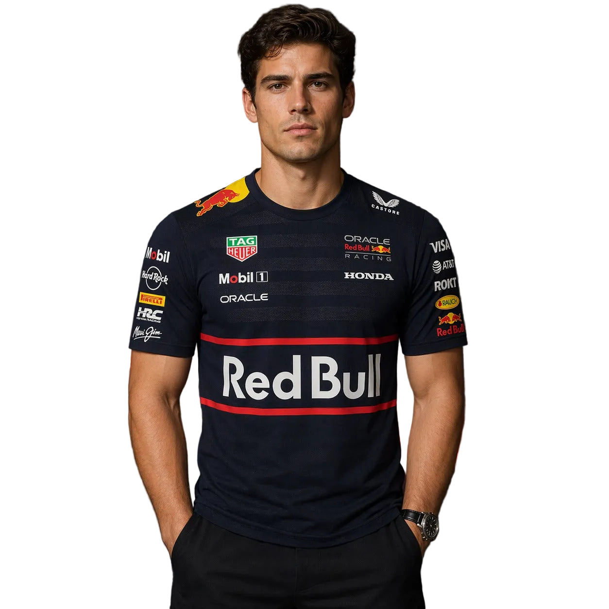 A man wearing a dark navy Red Bull Racing team t-shirt with multiple sponsor logos, posed against a dark studio background with red light streaks.
