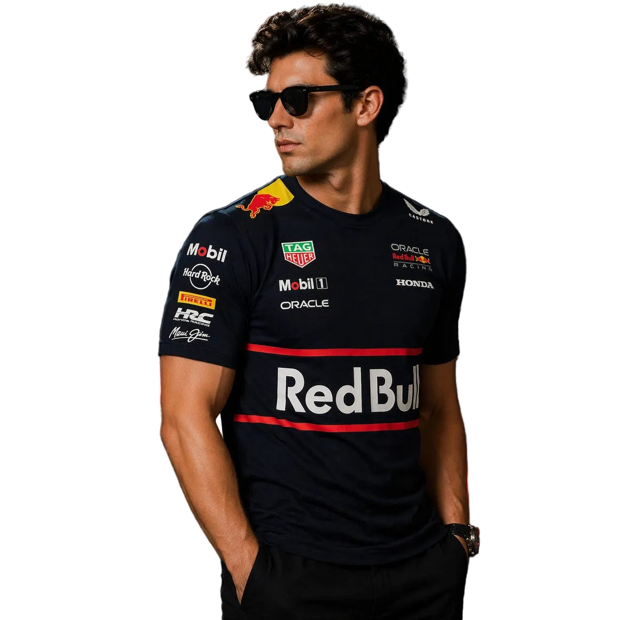 A man wearing a black Red Bull Racing team t-shirt with sponsor logos, black sunglasses, and a watch, posed against a dark studio background with red neon light streaks.