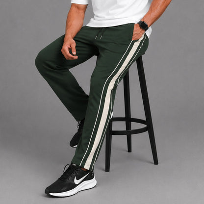 Men's Green Baggy Trousers with White Side Stripe