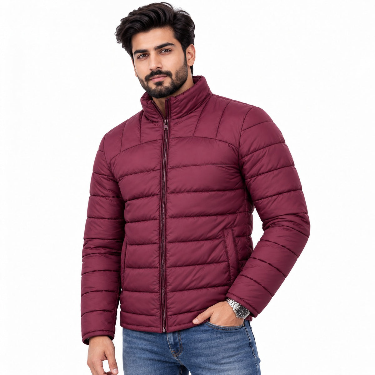 Mahroon fine-lined grid pattern Puffer Jacket