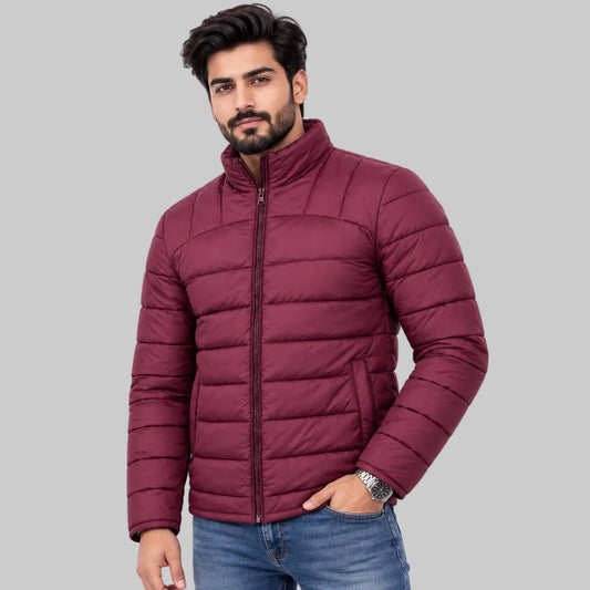 Mahroon fine-lined grid pattern Puffer Jacket