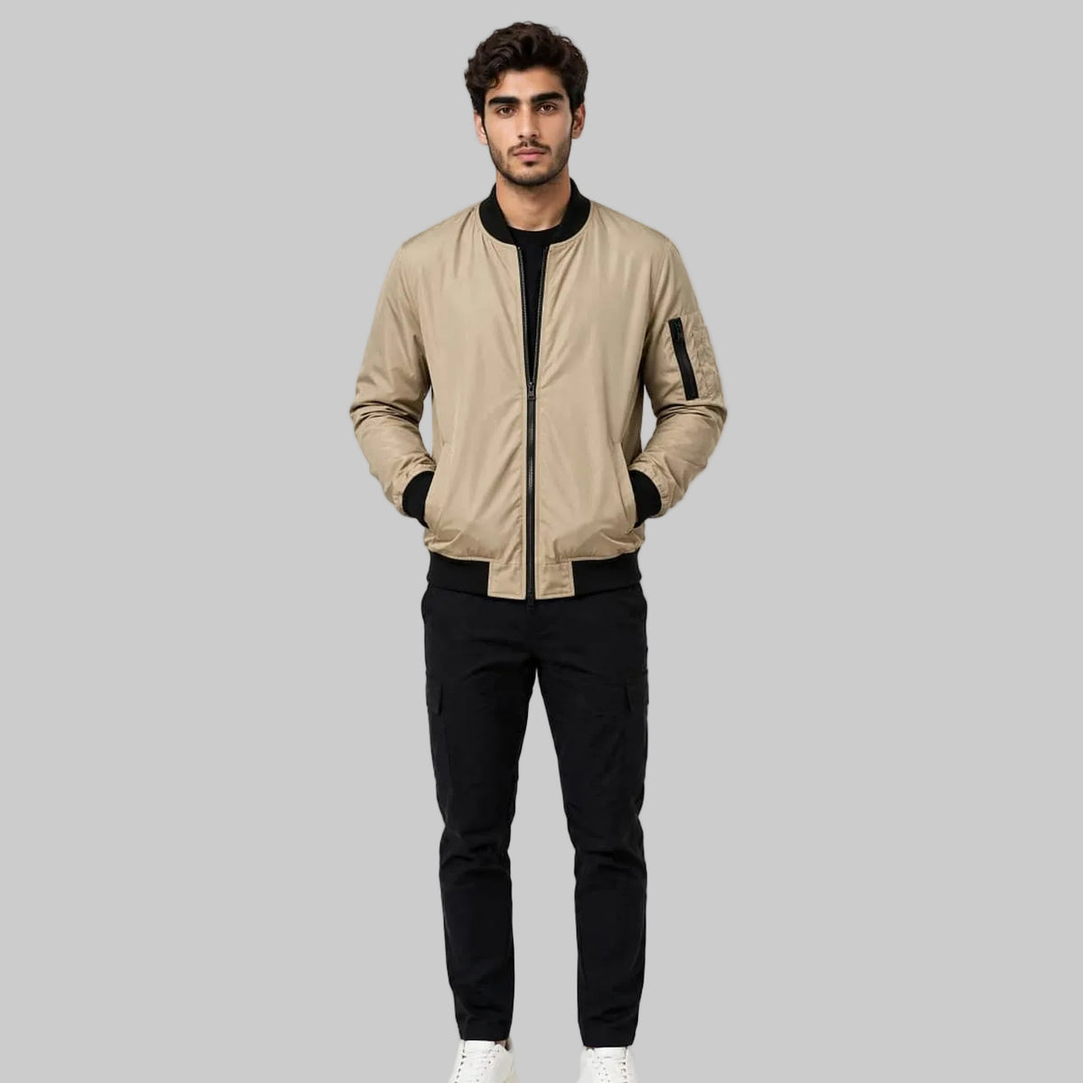 Men’s Skin-Tone Bomber Jacket with Black Rib