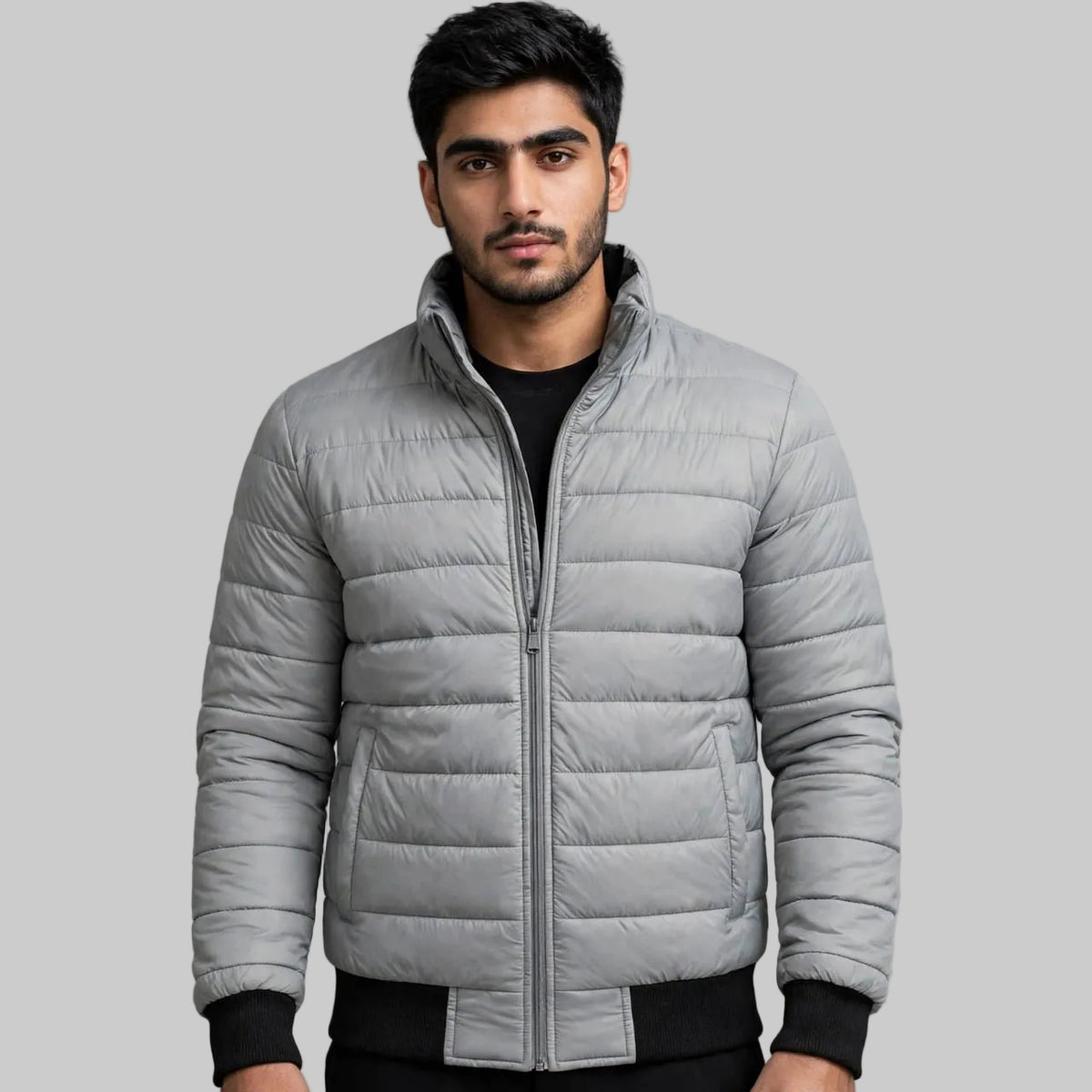 Men's Grey Puffer Jacket Stand Collar | Premium Winter Fit