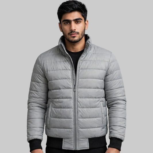 Men's Grey Puffer Jacket Stand Collar | Premium Winter Fit