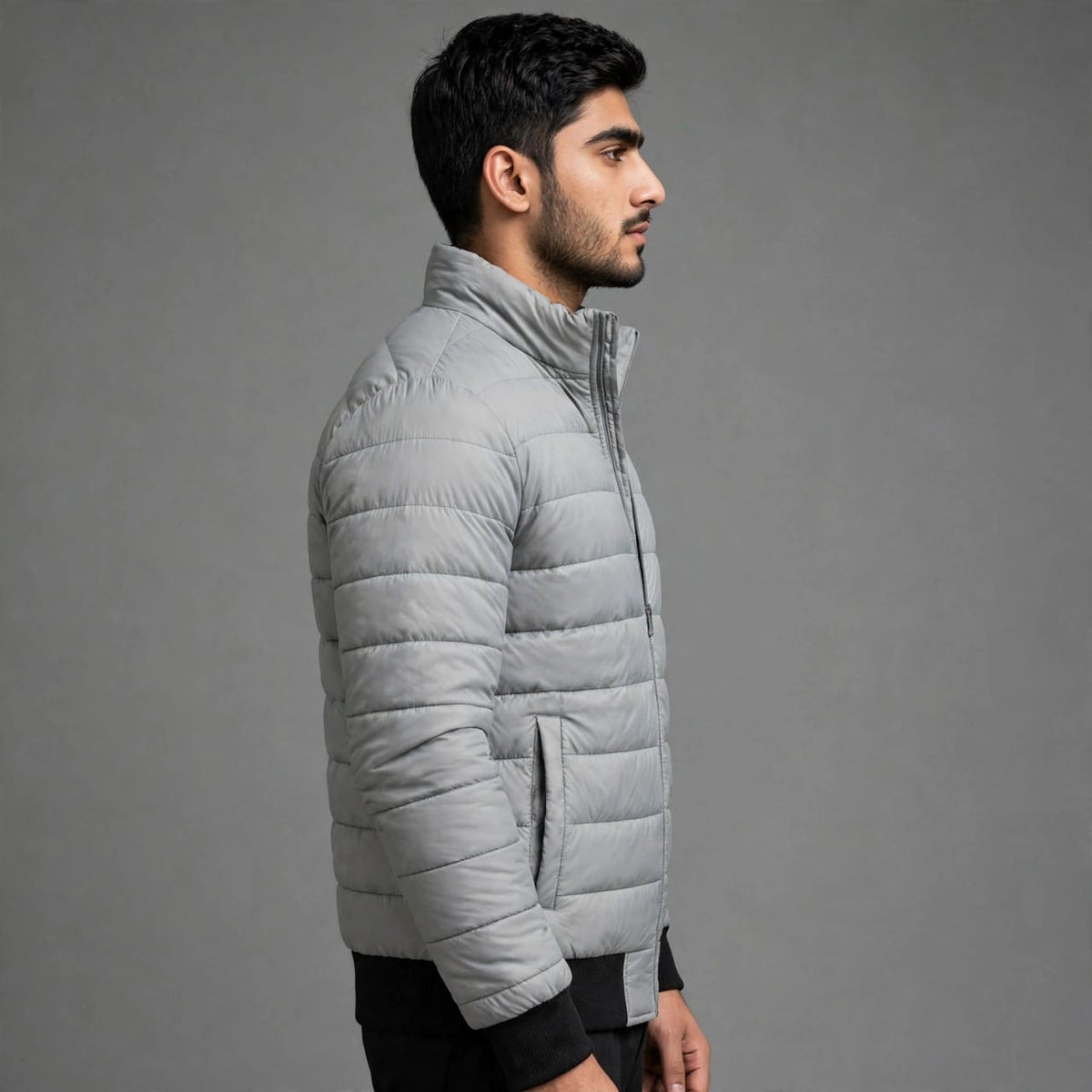 Men's Grey Puffer Jacket Stand Collar | Premium Winter Fit