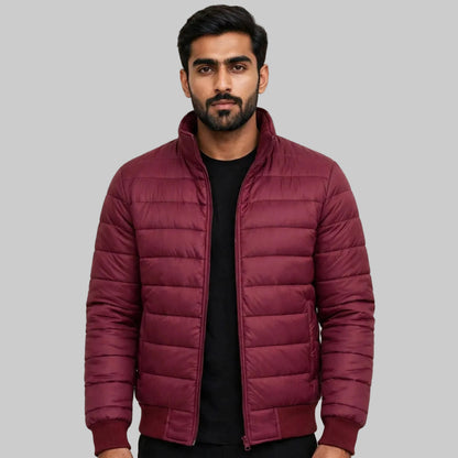 Men's Maroon Puffer Jacket Stand Collar | Thermal Insulation