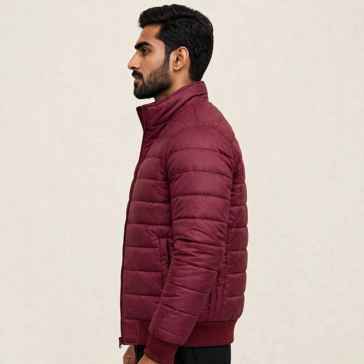 Men's Maroon Puffer Jacket Stand Collar | Thermal Insulation