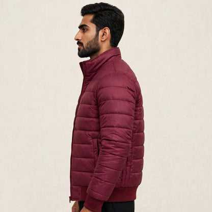Men's Maroon Puffer Jacket Stand Collar | Thermal Insulation