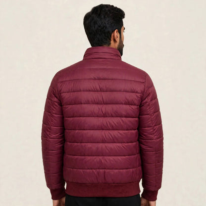 Men's Maroon Puffer Jacket Stand Collar | Thermal Insulation