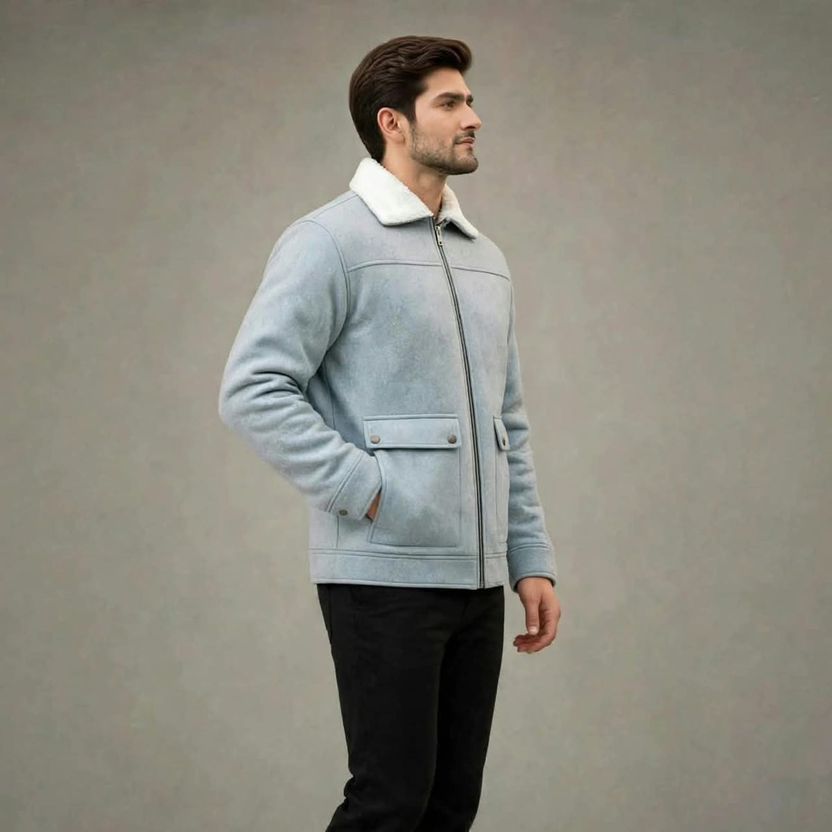 Men’s Sky Blue Wool Winter Jacket | Plush Lined, 5 Pockets