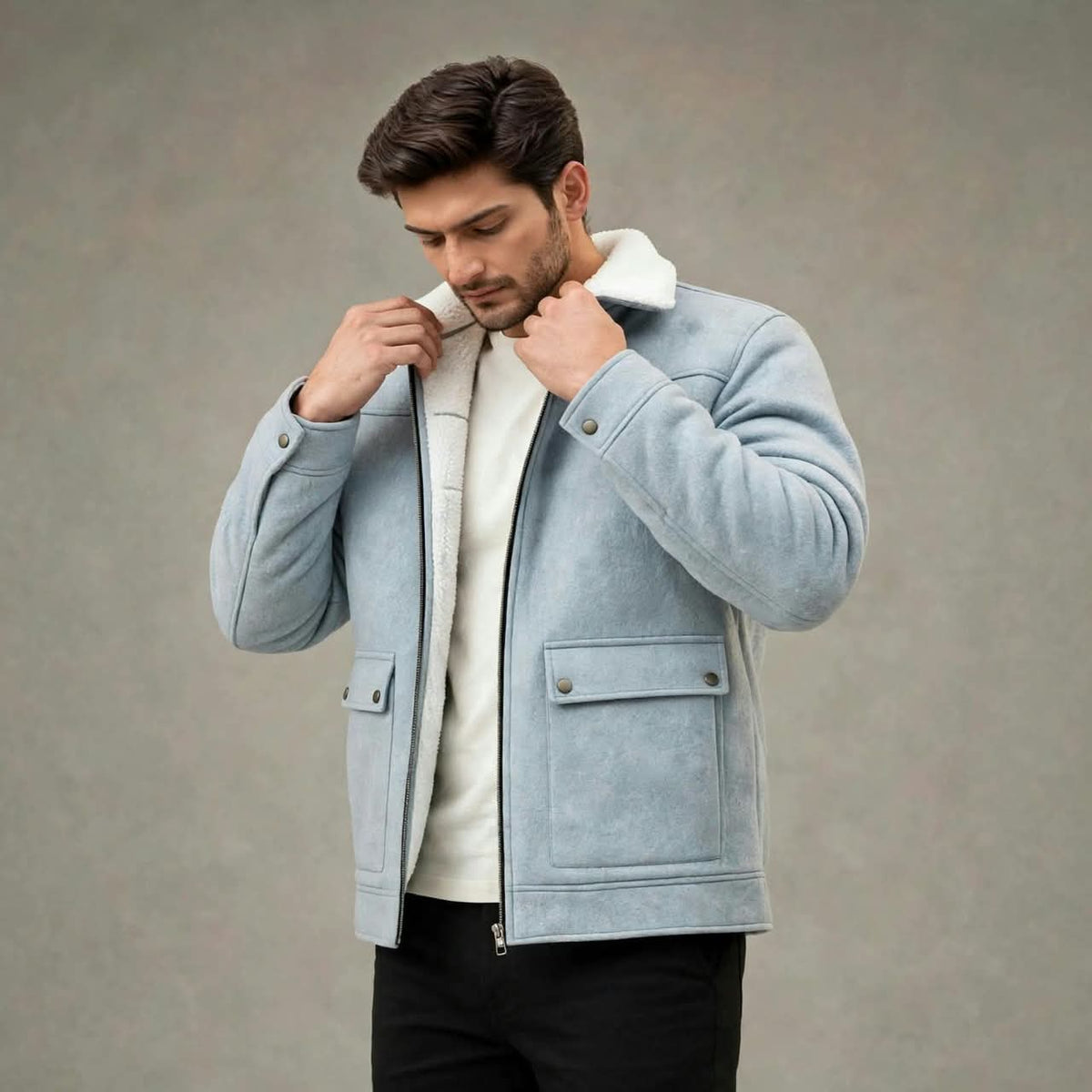 Men’s Sky Blue Wool Winter Jacket | Plush Lined, 5 Pockets