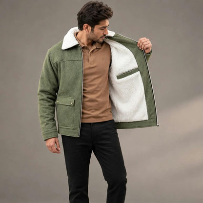 Men’s Olive Green Wool Winter Jacket | Plush Lined, 5 Pockets