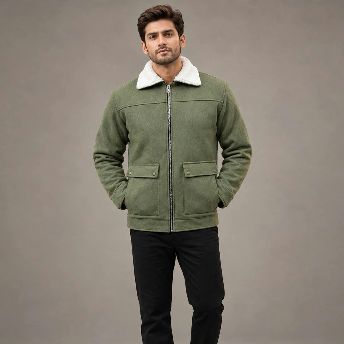Men’s Olive Green Wool Winter Jacket | Plush Lined, 5 Pockets