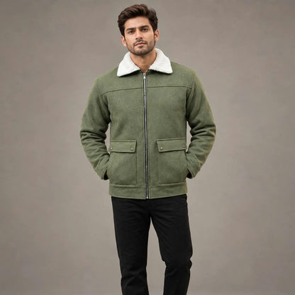 Men’s Olive Green Wool Winter Jacket | Plush Lined, 5 Pockets
