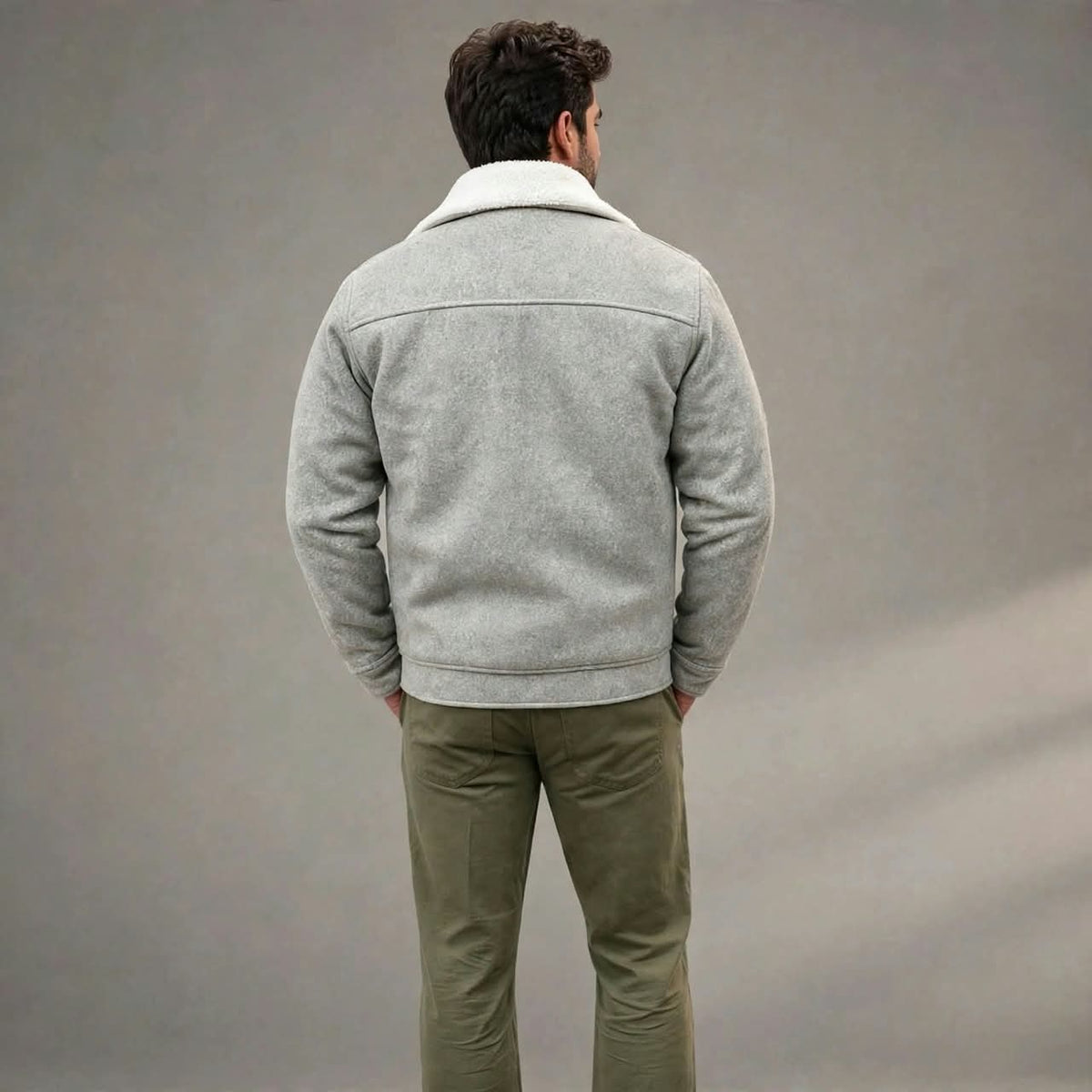 Men’s Light Grey Wool Winter Jacket | Plush Lined, 5 Pockets