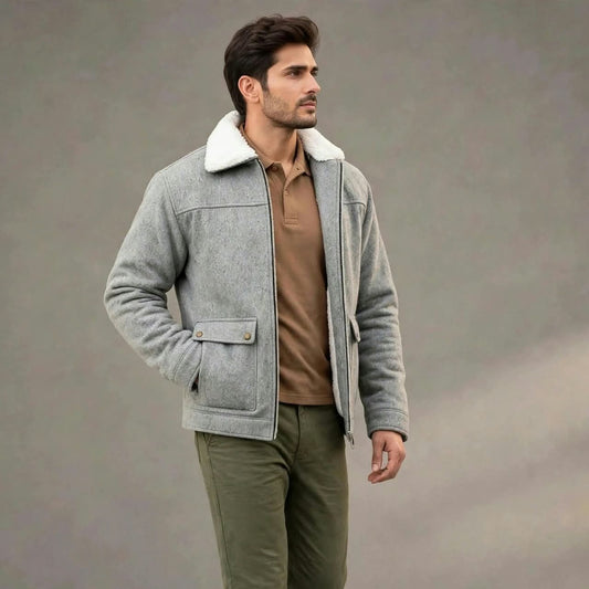 Men’s Light Grey Wool Winter Jacket | Plush Lined, 5 Pockets