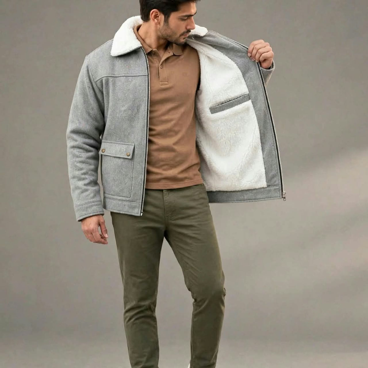 Men’s Light Grey Wool Winter Jacket | Plush Lined, 5 Pockets