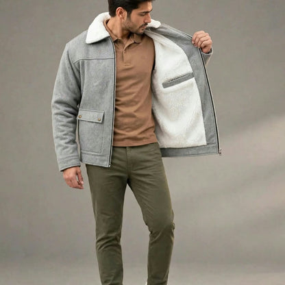 Men’s Light Grey Wool Winter Jacket | Plush Lined, 5 Pockets