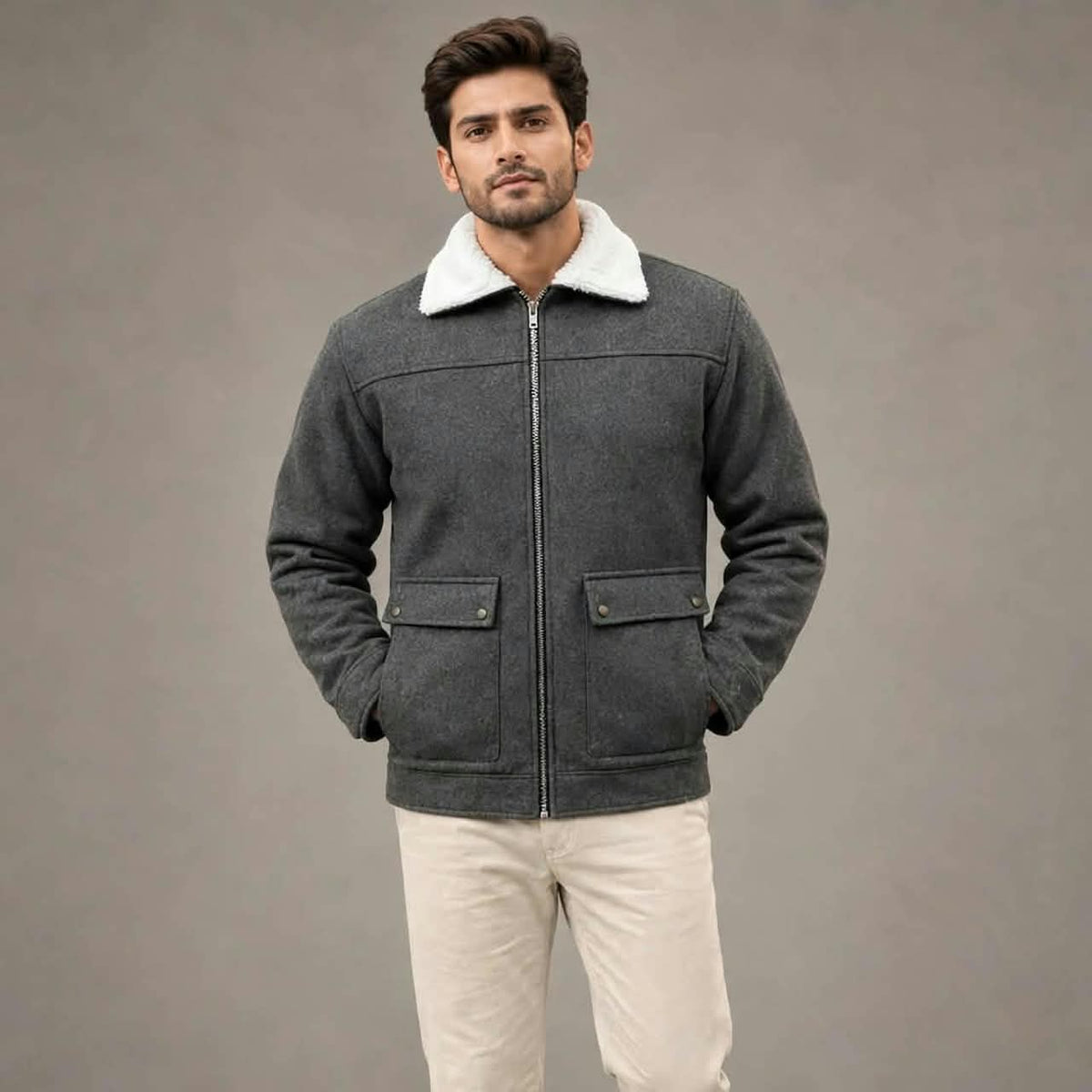 Men’s Charcoal Grey Wool Winter Jacket | Plush Lined,
