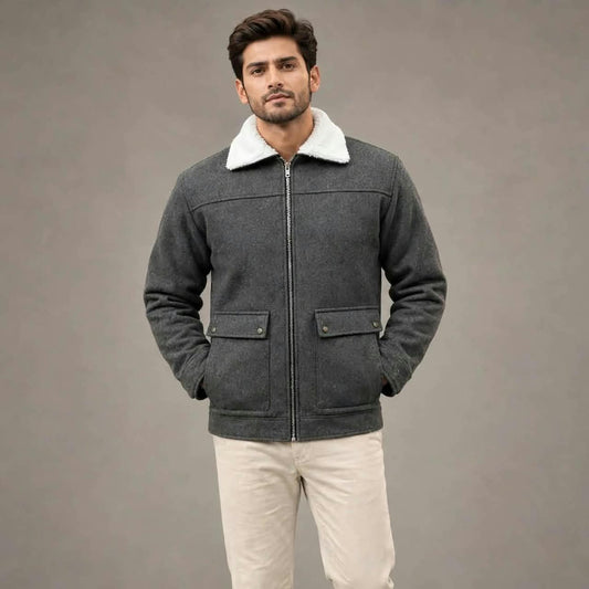 Men’s Charcoal Grey Wool Winter Jacket | Plush Lined,