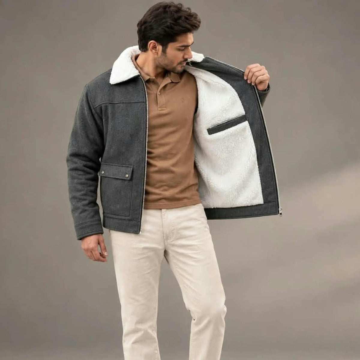Men’s Charcoal Grey Wool Winter Jacket | Plush Lined,