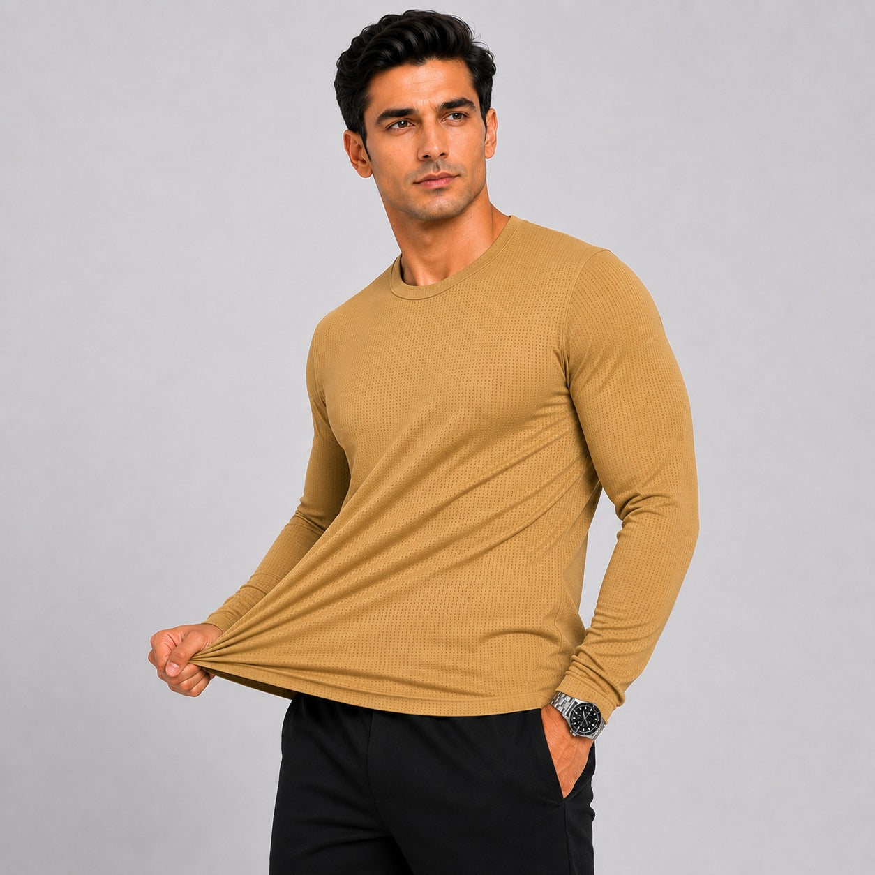 Mustard Men's Full Sleeve Dry Fit T-Shirt.