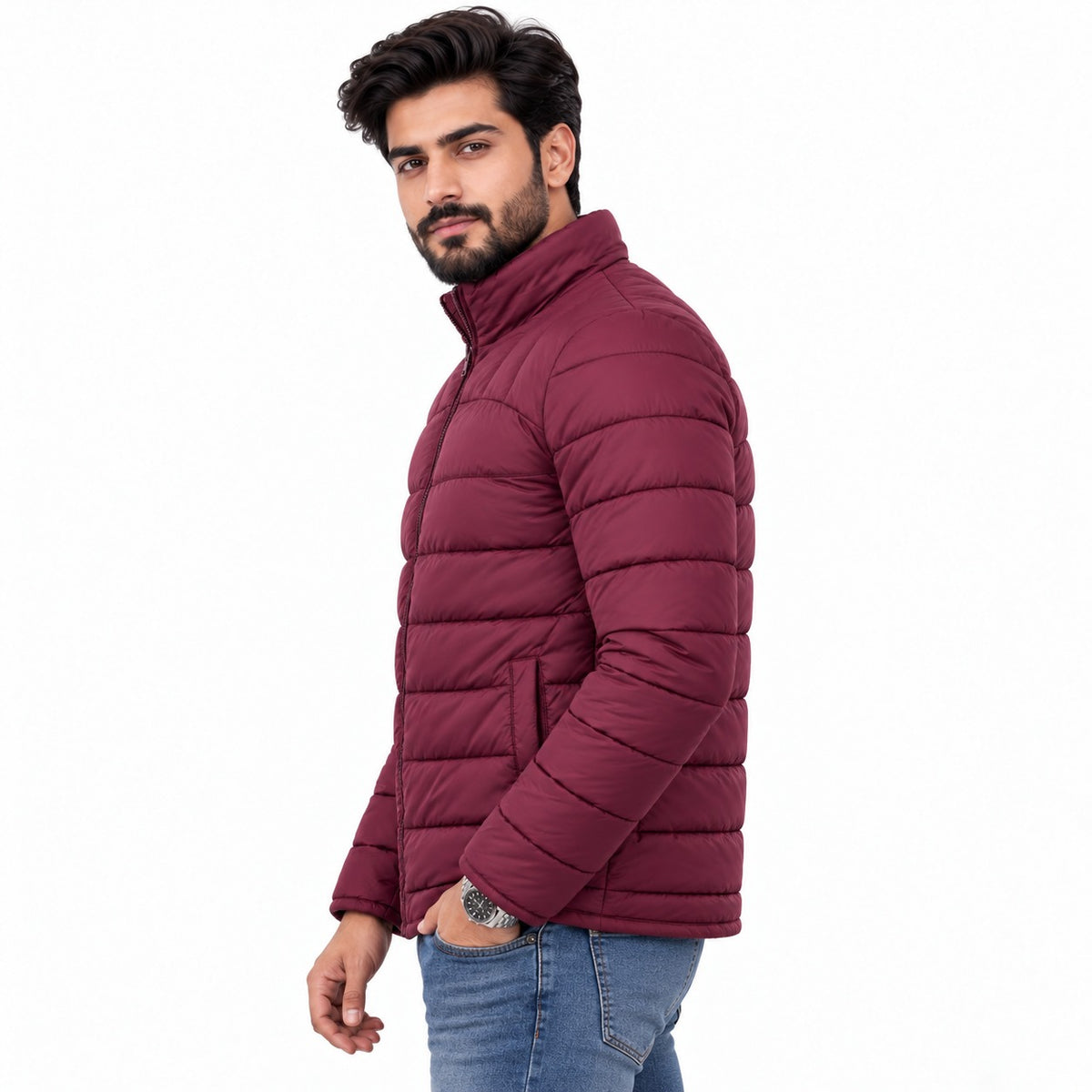 Mahroon fine-lined grid pattern Puffer Jacket
