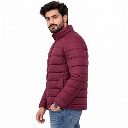 Mahroon fine-lined grid pattern Puffer Jacket