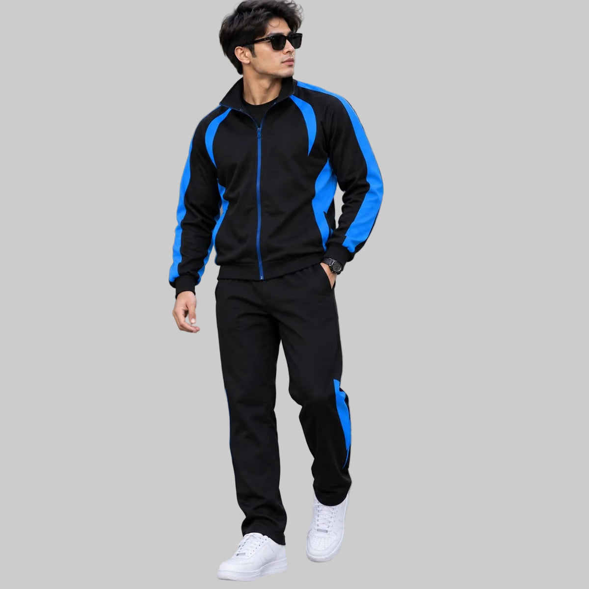 Black & Blue Paneled Mock-Neck Tracksuit