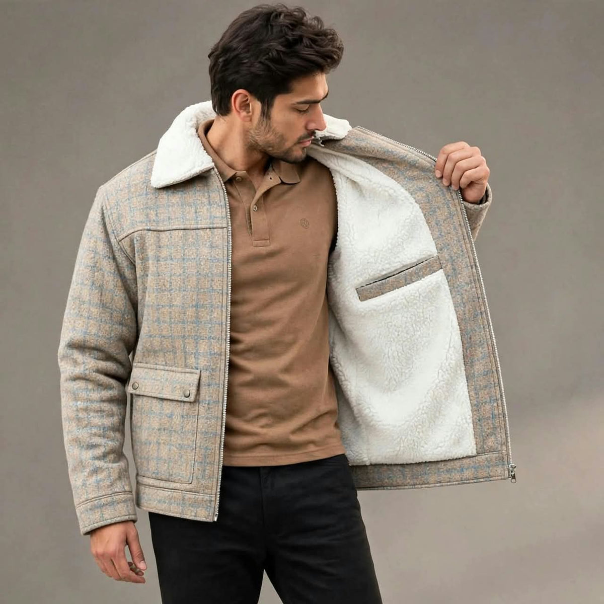 Men’s Alpine Check Wool Winter Jacket – Plush Lined