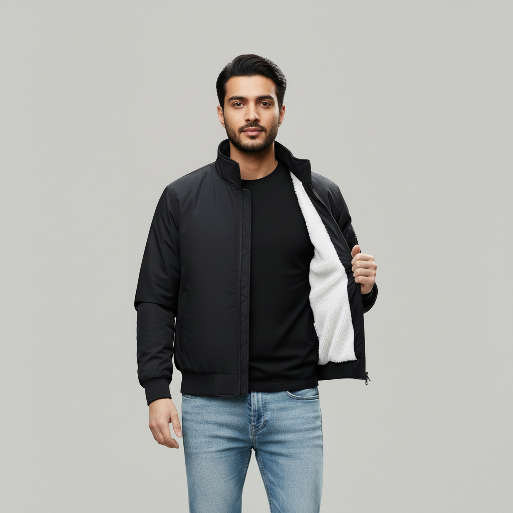 Men's Black Sherpa Lined Bomber Jacket