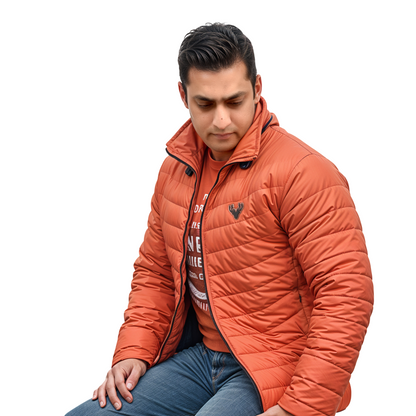 Burnt orange minimalist puffer jacket side profile